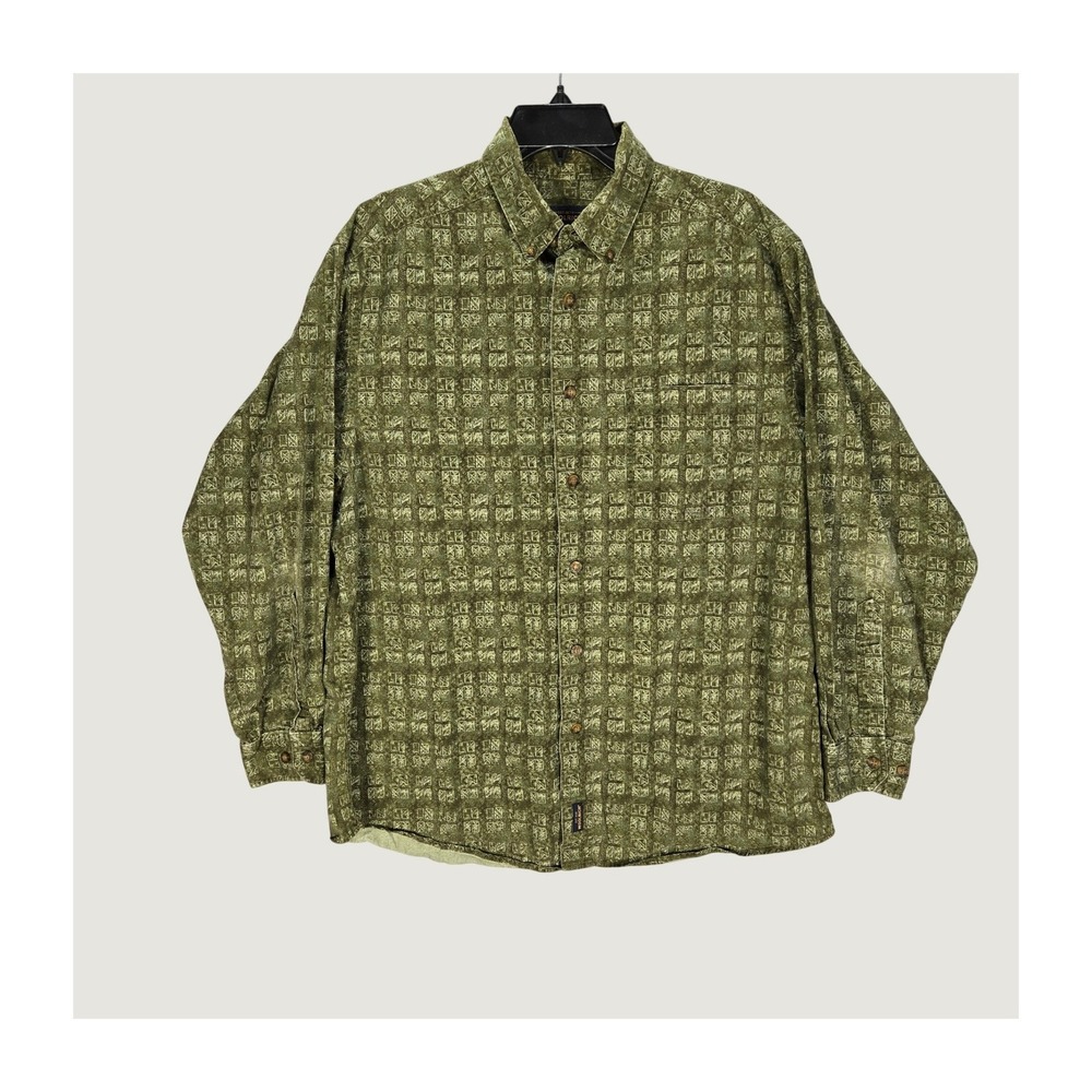 Woolrich Mens Olive Green Primitive Geometric Print Cotton Button Down Shirt L